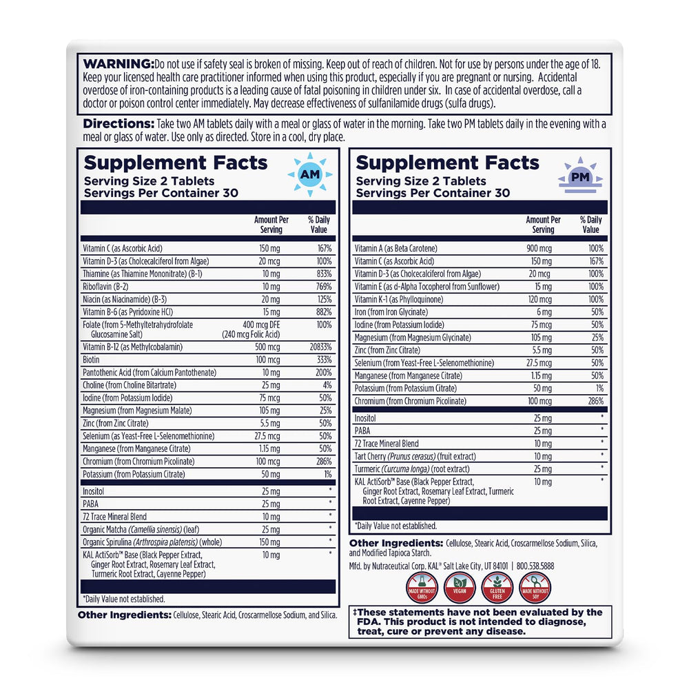 Back panel of KAL Multivitamin AM/PM bottle showing supplement facts