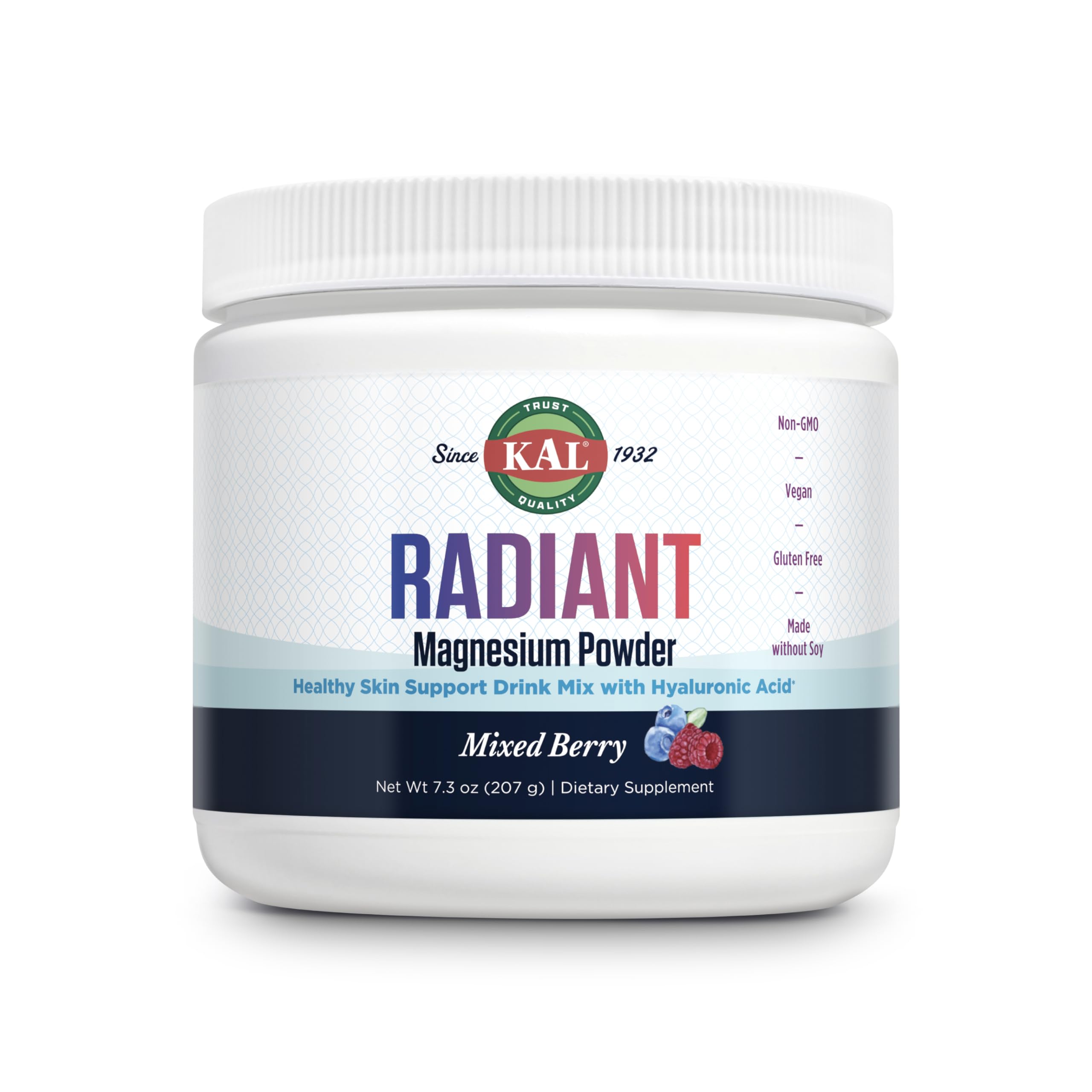 Front view of KAL Radiant Magnesium Powder Mixed Berry flavor bottle