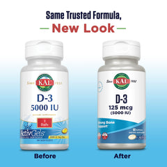 Close-up of Kal Vitamin D3 5000 IU softgels capsules