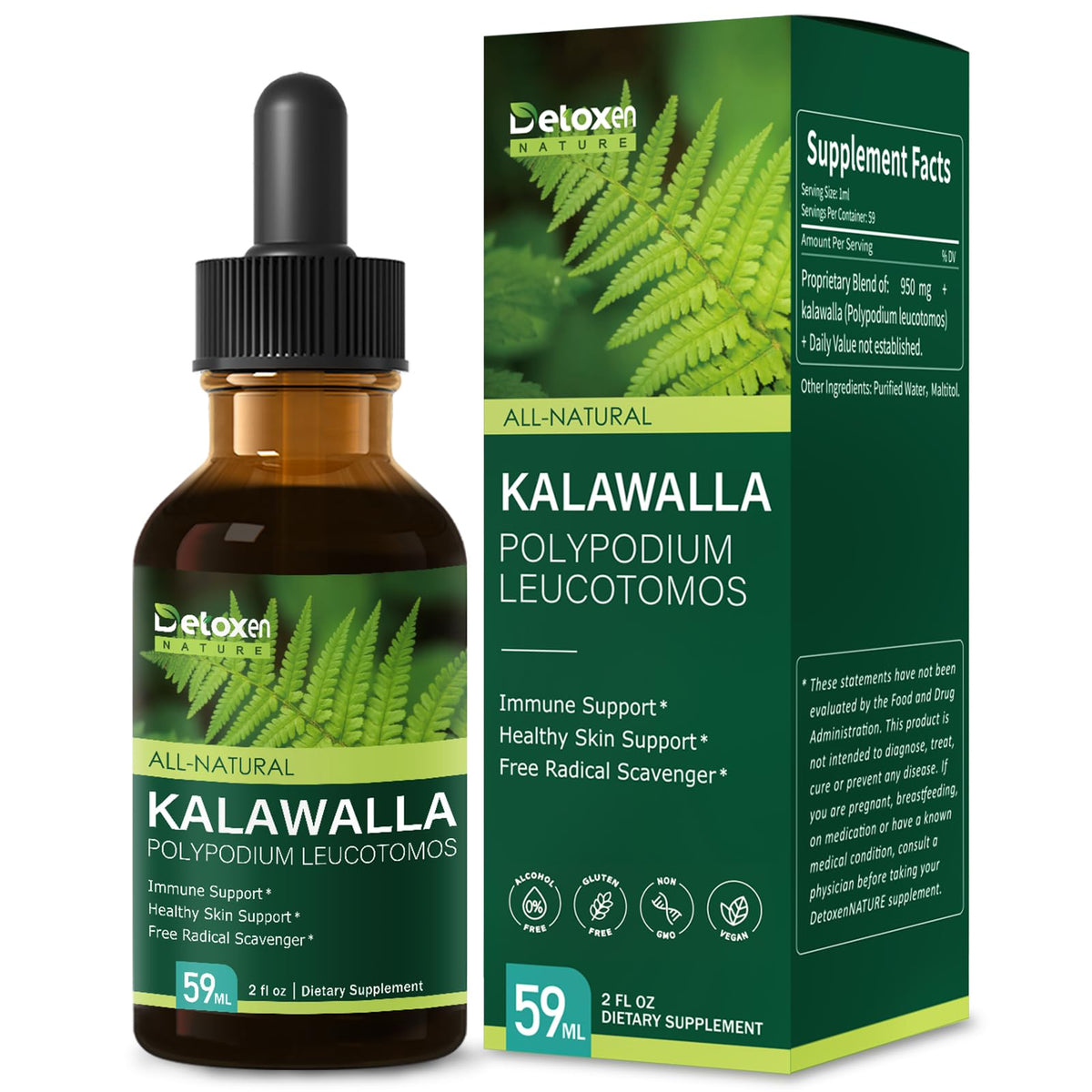 Front view of DetoxenNATURE Kalawalla Drops 2oz bottle