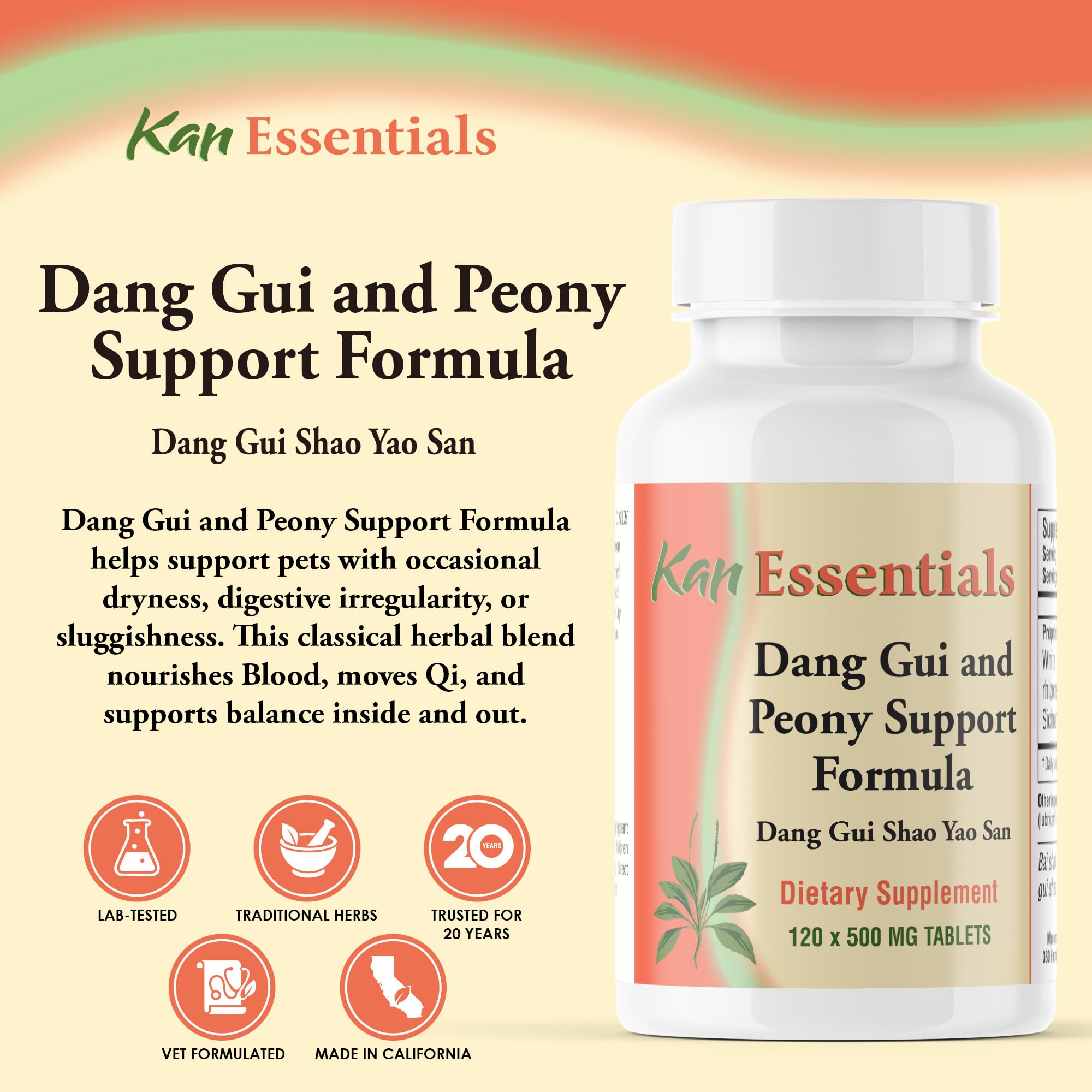 Pet dog and cat with Kan Herb Essentials Dang Gui and Peony supplement bottle