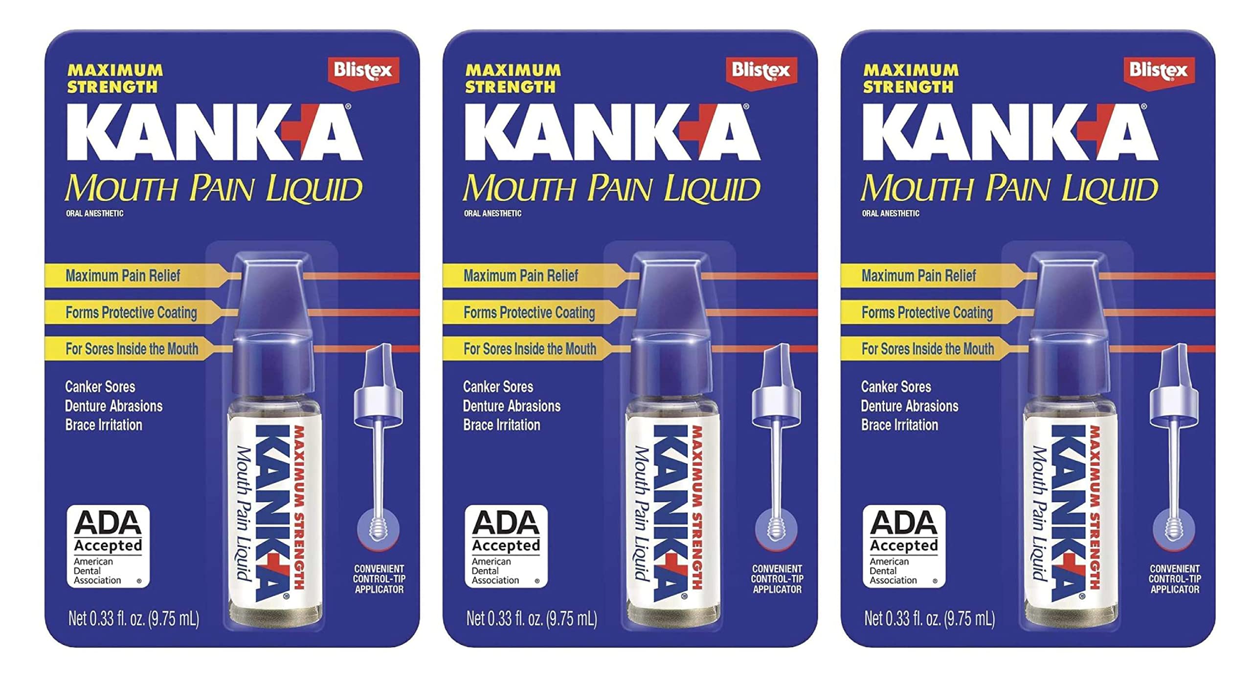 Boxed set of Kank-A Mouth Pain Liquid (pack of 3) with bottles visible
