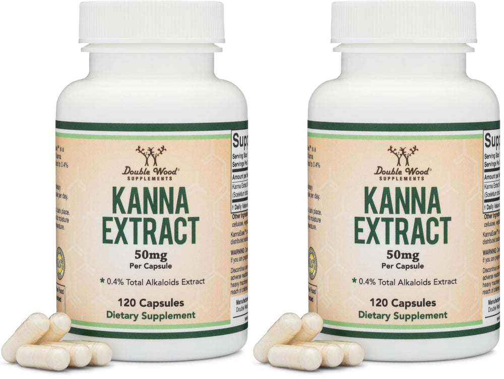 Front view of Kanna Extract Supplement bottle with 50mg capsules, pack of 2
