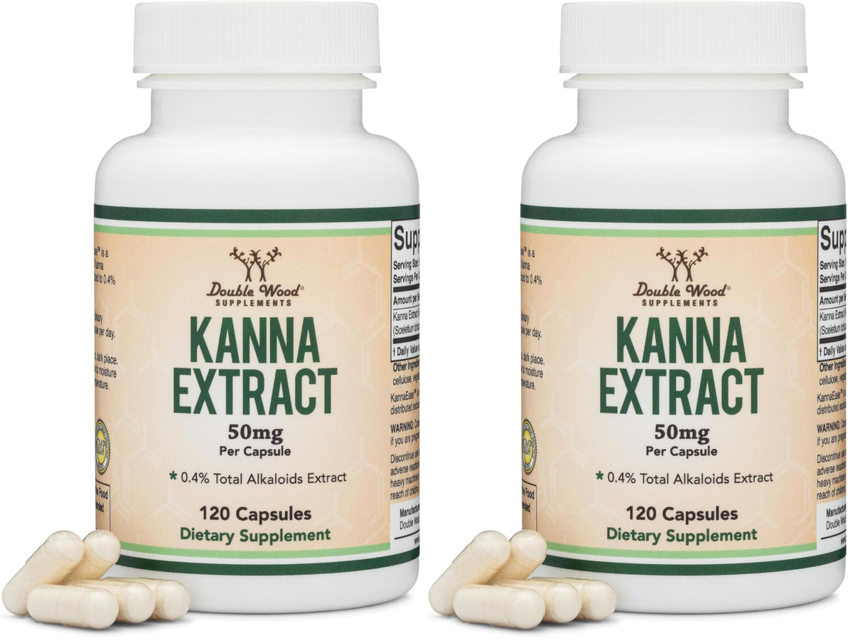 Front view of Kanna Extract Supplement bottle with 50mg capsules, pack of 2