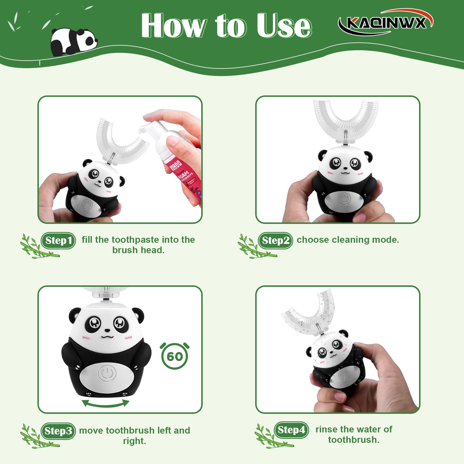 Built-in 60-second timer and three cleaning modes on KAQINWX toothbrush