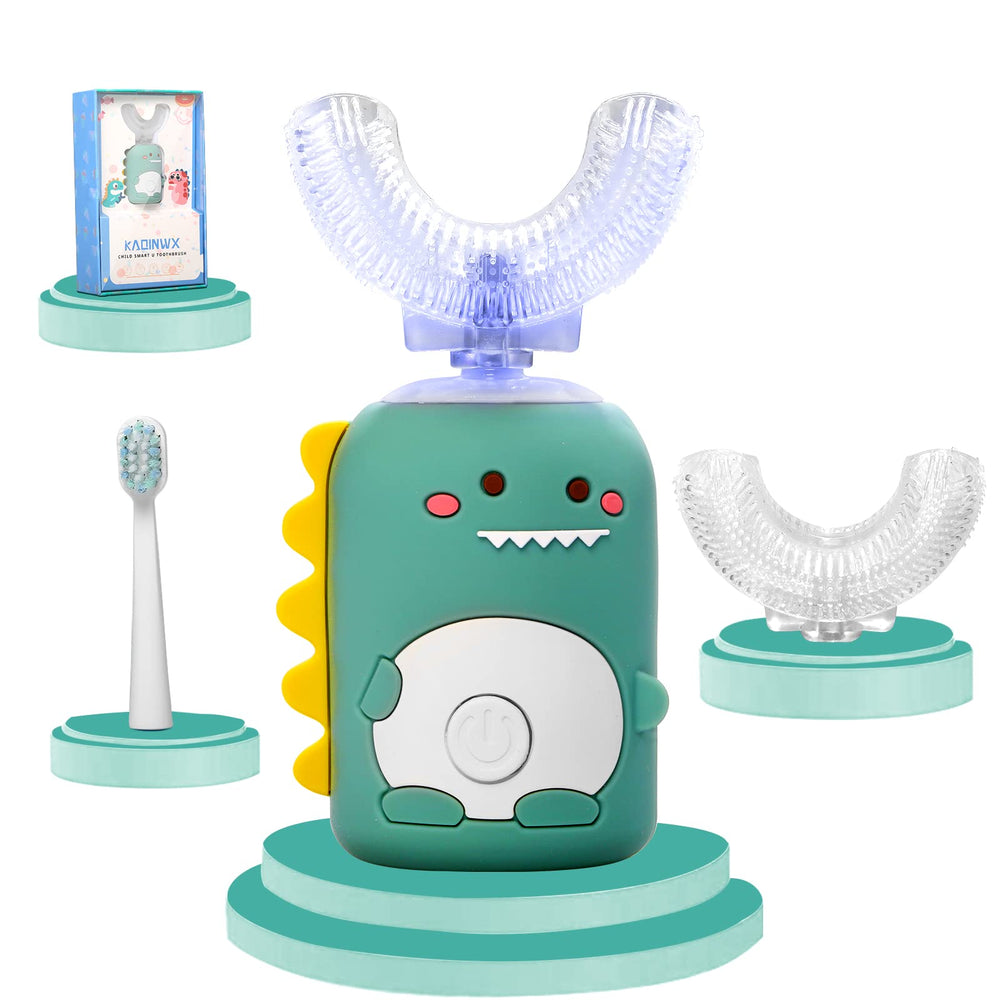 KAQINWX Kids U Shaped Electric Toothbrush front view with dinosaur design
