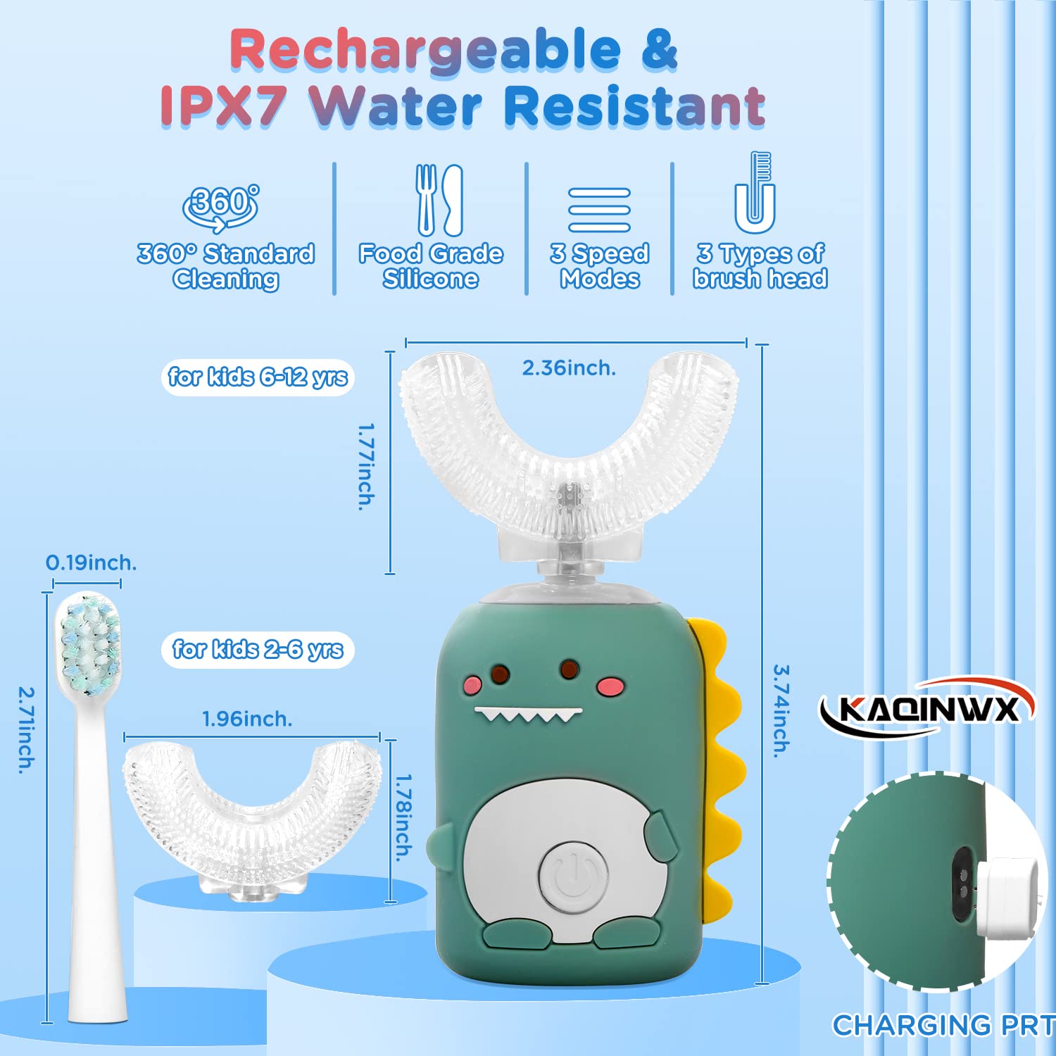 Soft silicone brush heads in three sizes for ages 2-5 and 6-12