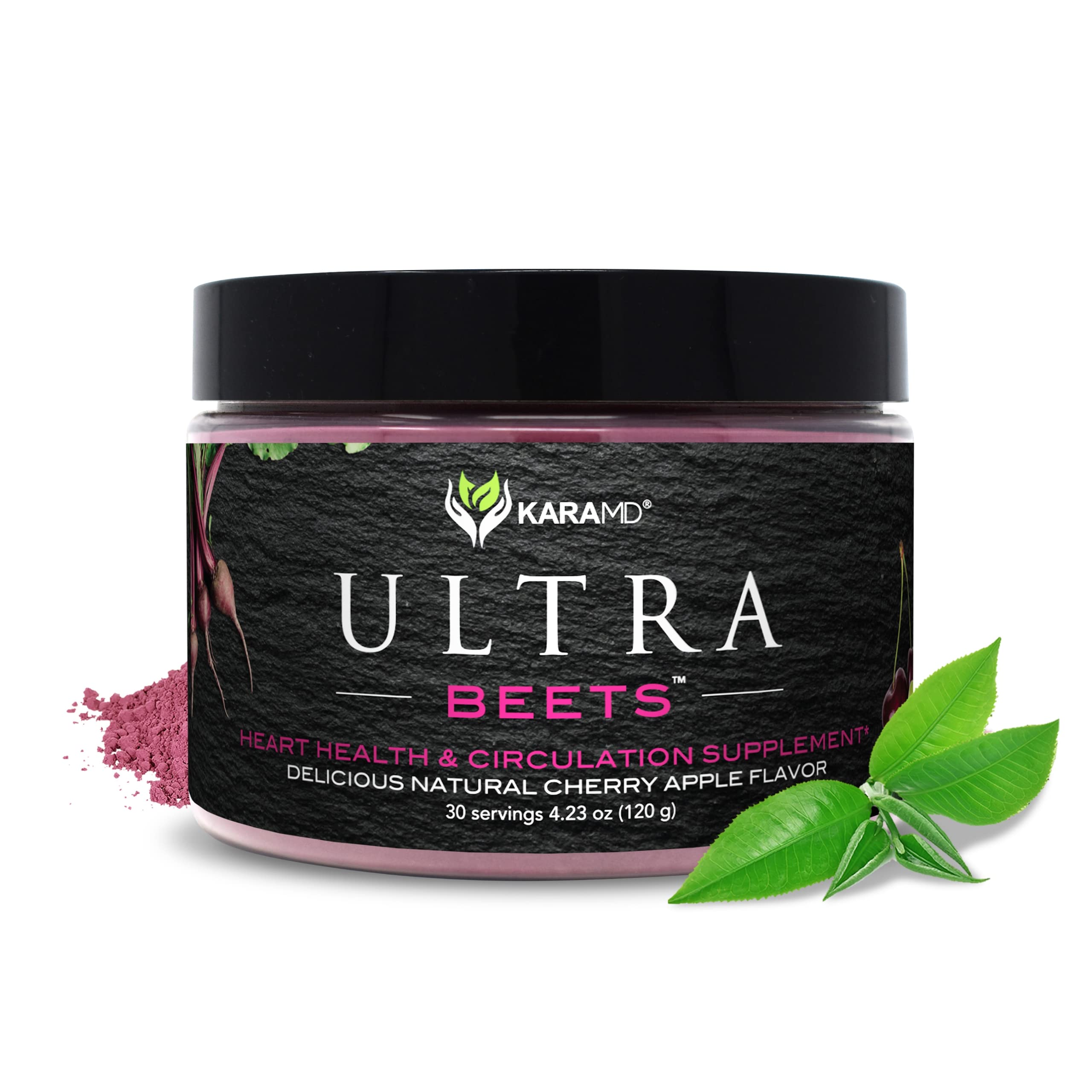 KaraMD UltraBeets bottle and label highlighting beetroot for circulation support.