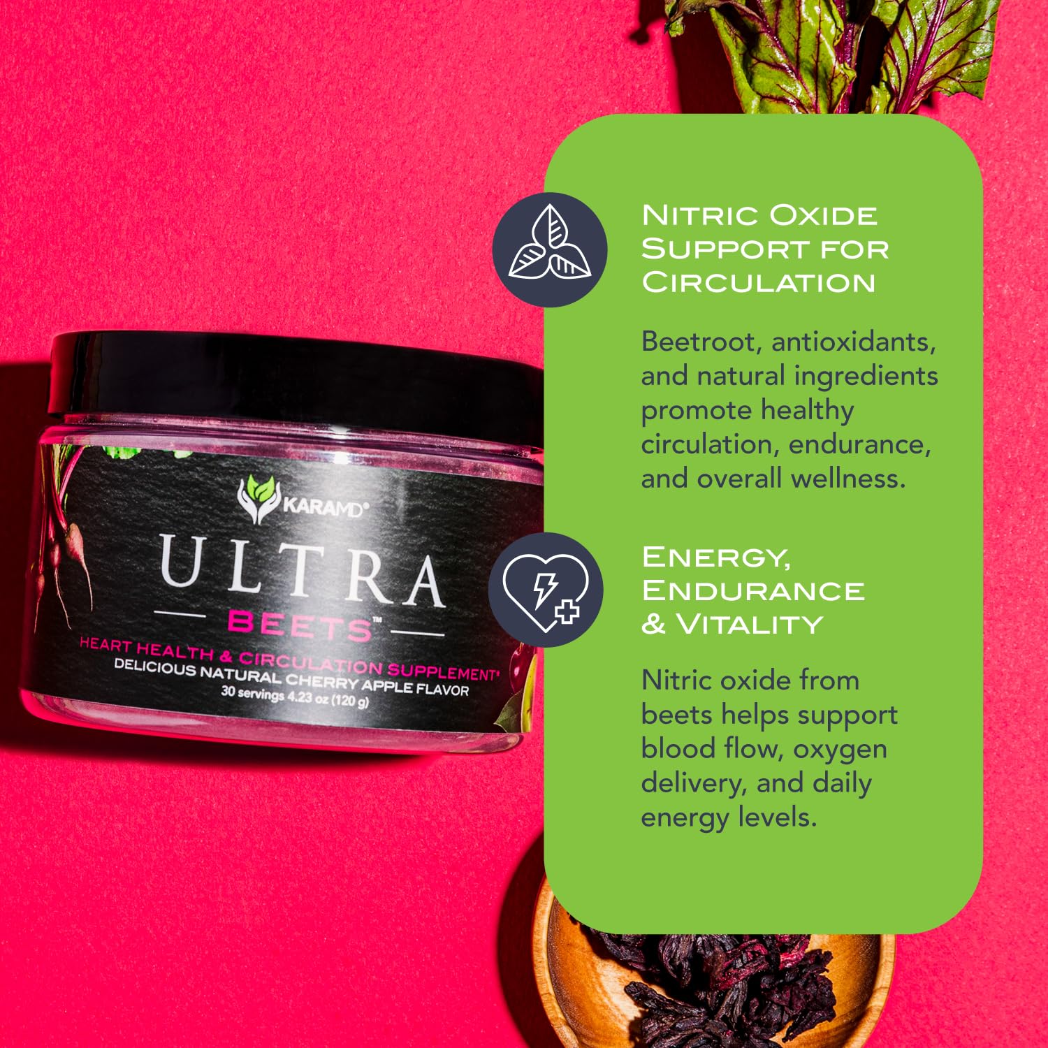KaraMD UltraBeets powder poured into glass for steady energy and endurance.