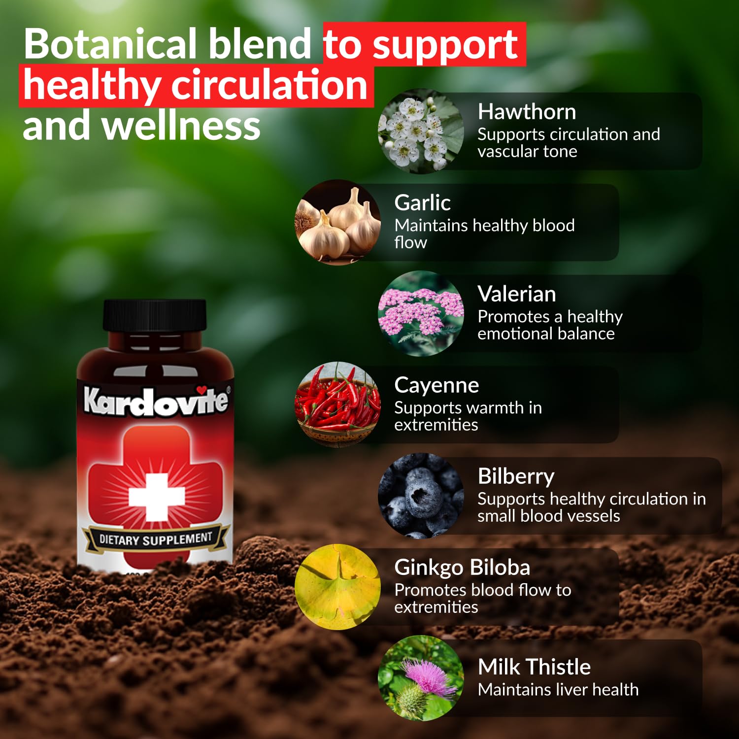 Close-up of Kardovite label highlighting hawthorn, garlic, ginkgo, cayenne, milk thistle, bilberry and valerian