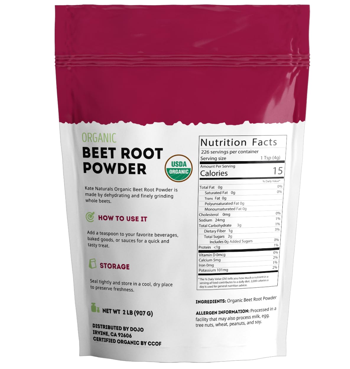 Non-GMO organic beet root powder packaging and nutrition label