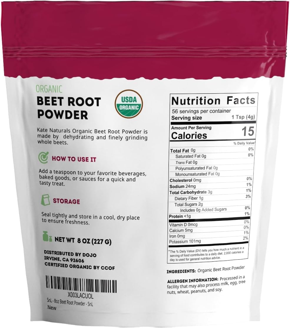 Close-up of Kate Naturals beet root powder packaging