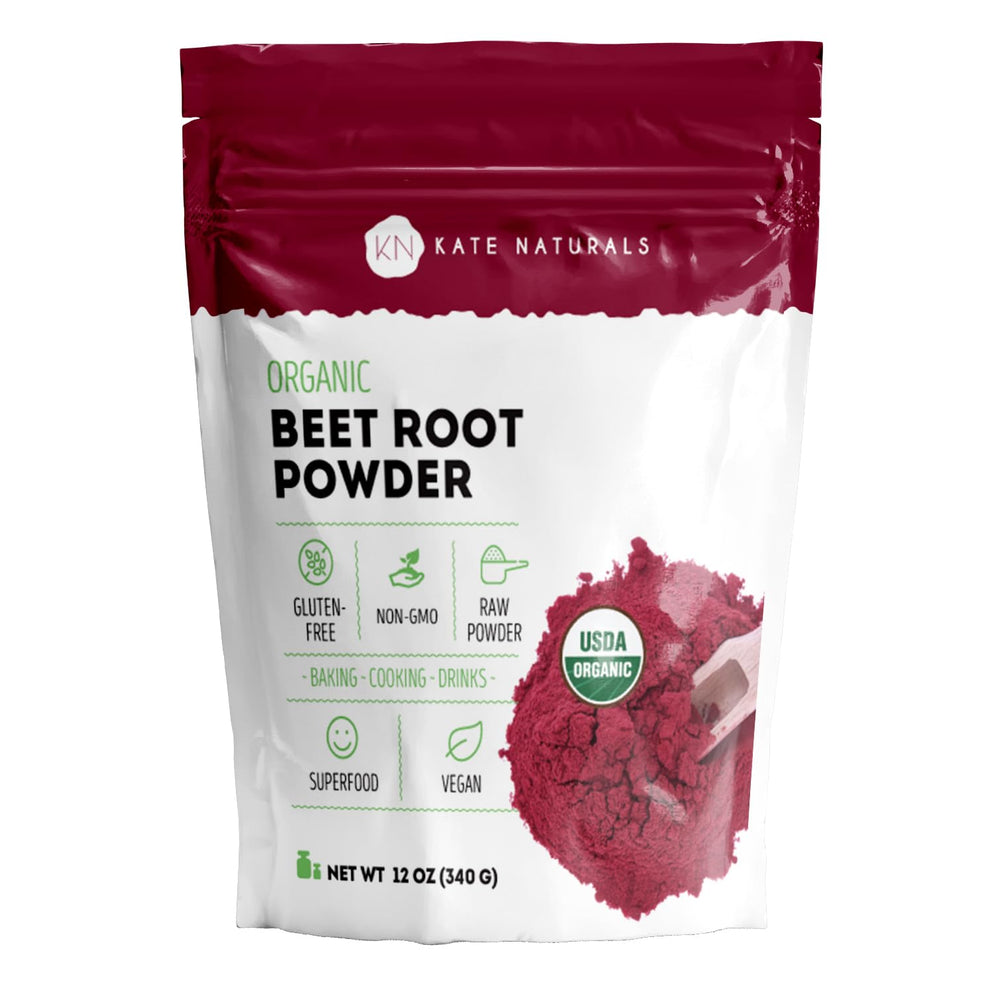 Kate Naturals beet root powder bottle showcases organic purity for smoothies and baking color