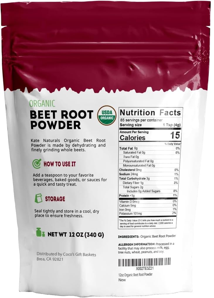 12oz jar of Kate Naturals beet root powder on a kitchen counter