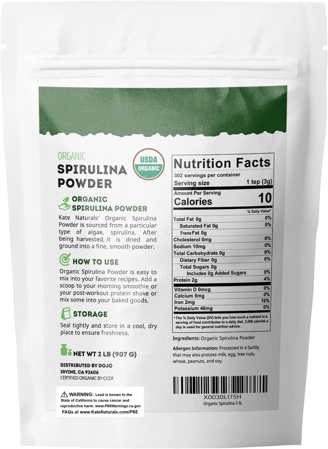 Organic Spirulina powder in scoop over white background