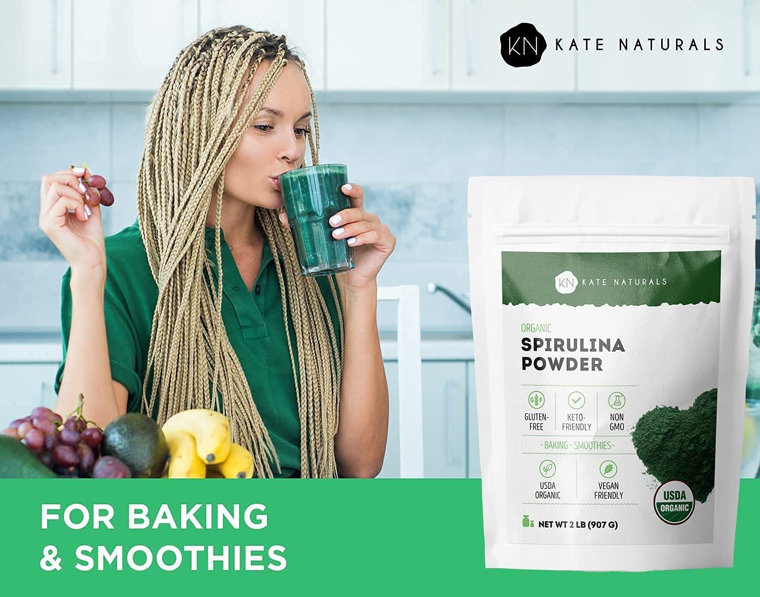 Resealable 2 lb container of Kate Naturals Spirulina Powder