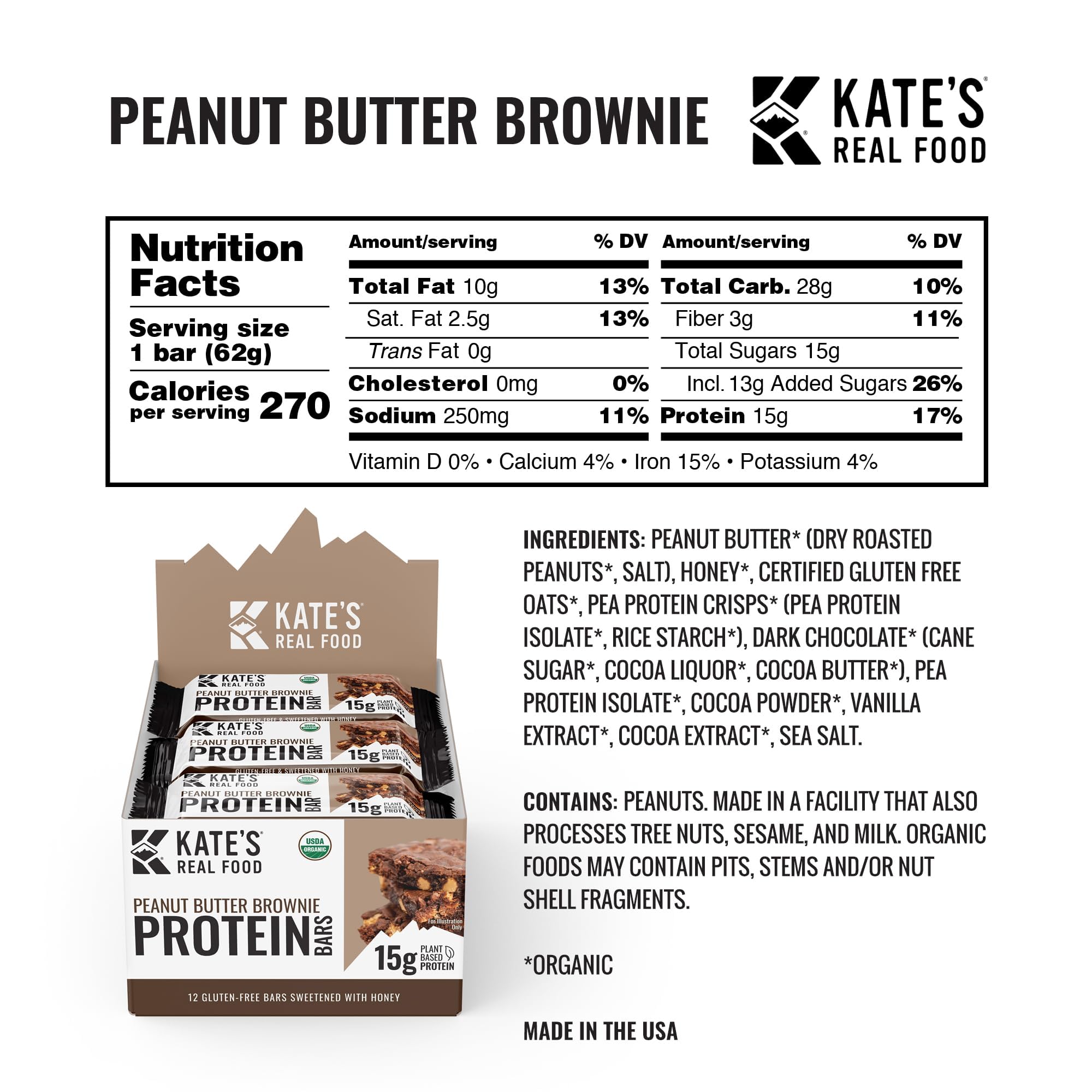 Kate's Real Food Peanut Butter Brownie bar closeup chocolate-nut butter — rich flavor with real ingredients.