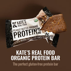 Kate's Real Food Peanut Butter Brownie bar desk snack — gluten-free protein for a quick bite.