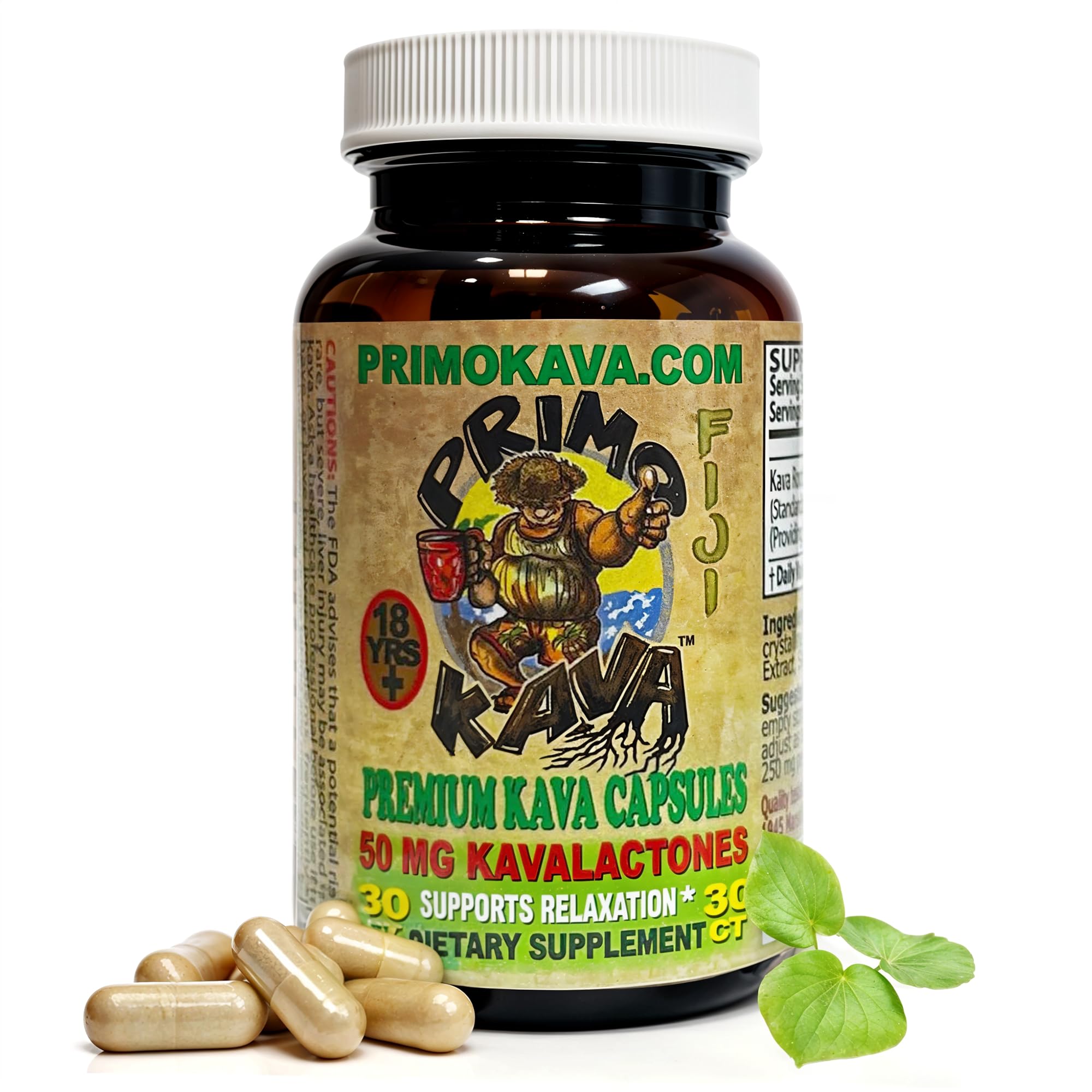 Kava capsules bottle on a white background