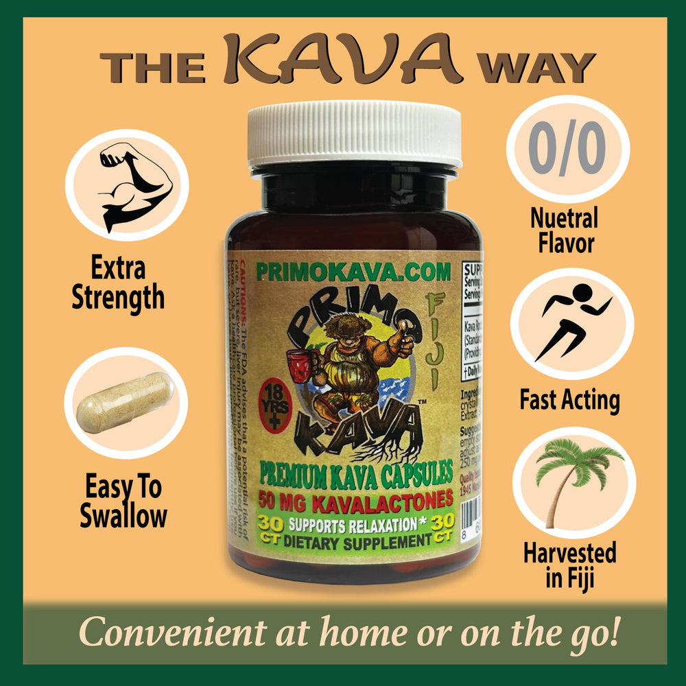 Fiji-sourced noble kava roots alongside capsules