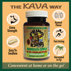 Fiji-sourced noble kava roots alongside capsules