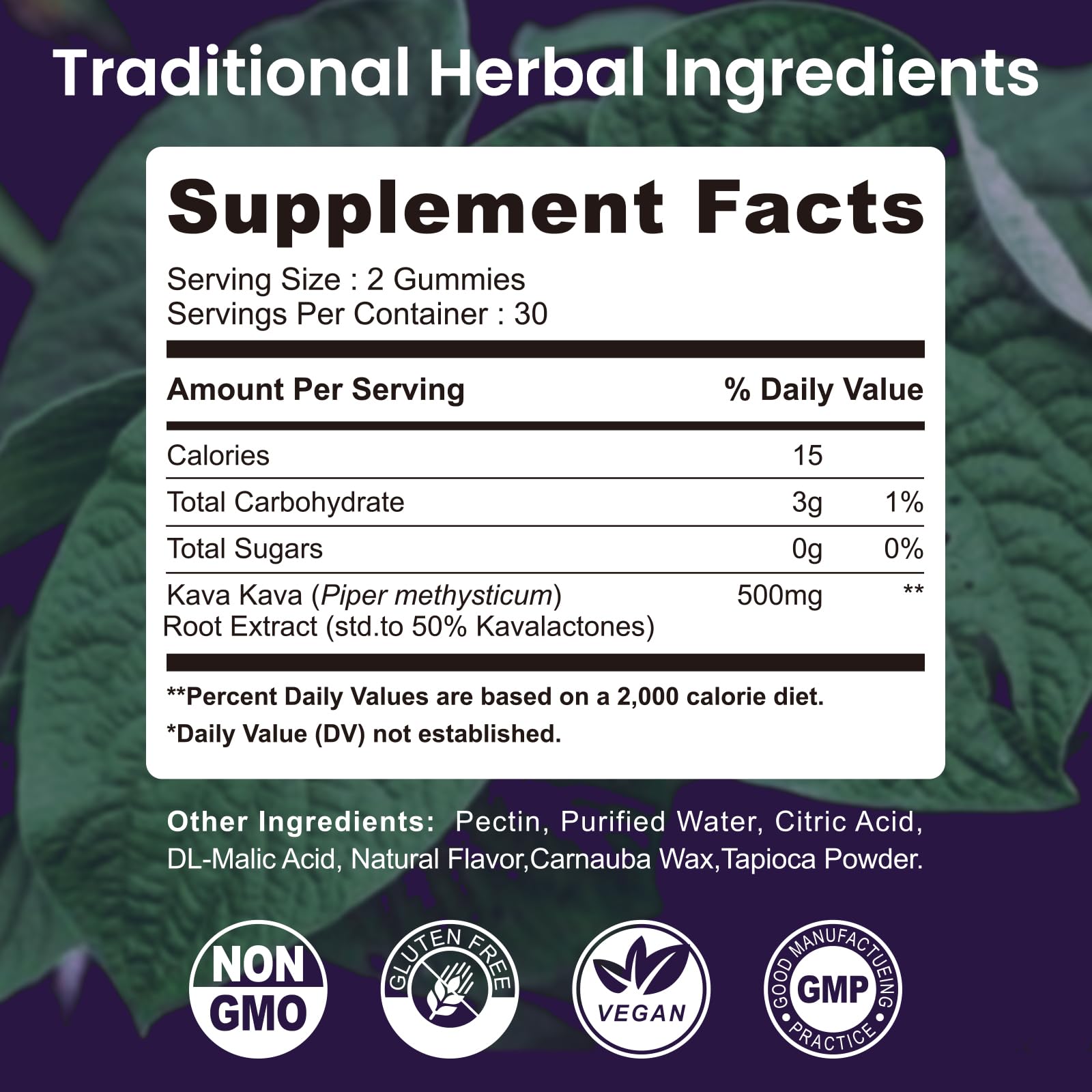 Ingredients panel showing kavalactones content