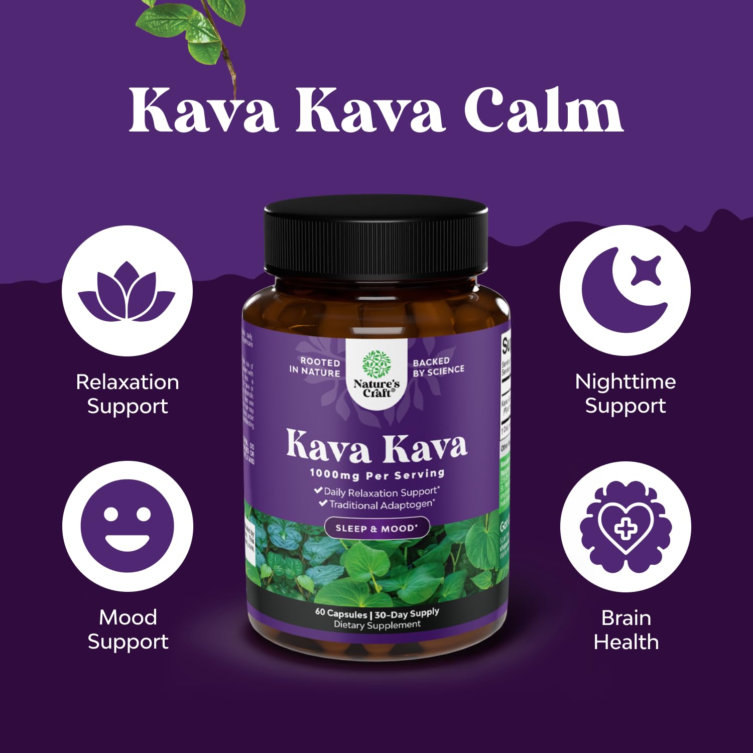 Front label of Kava Kava Root Extract bottle with 30 servings