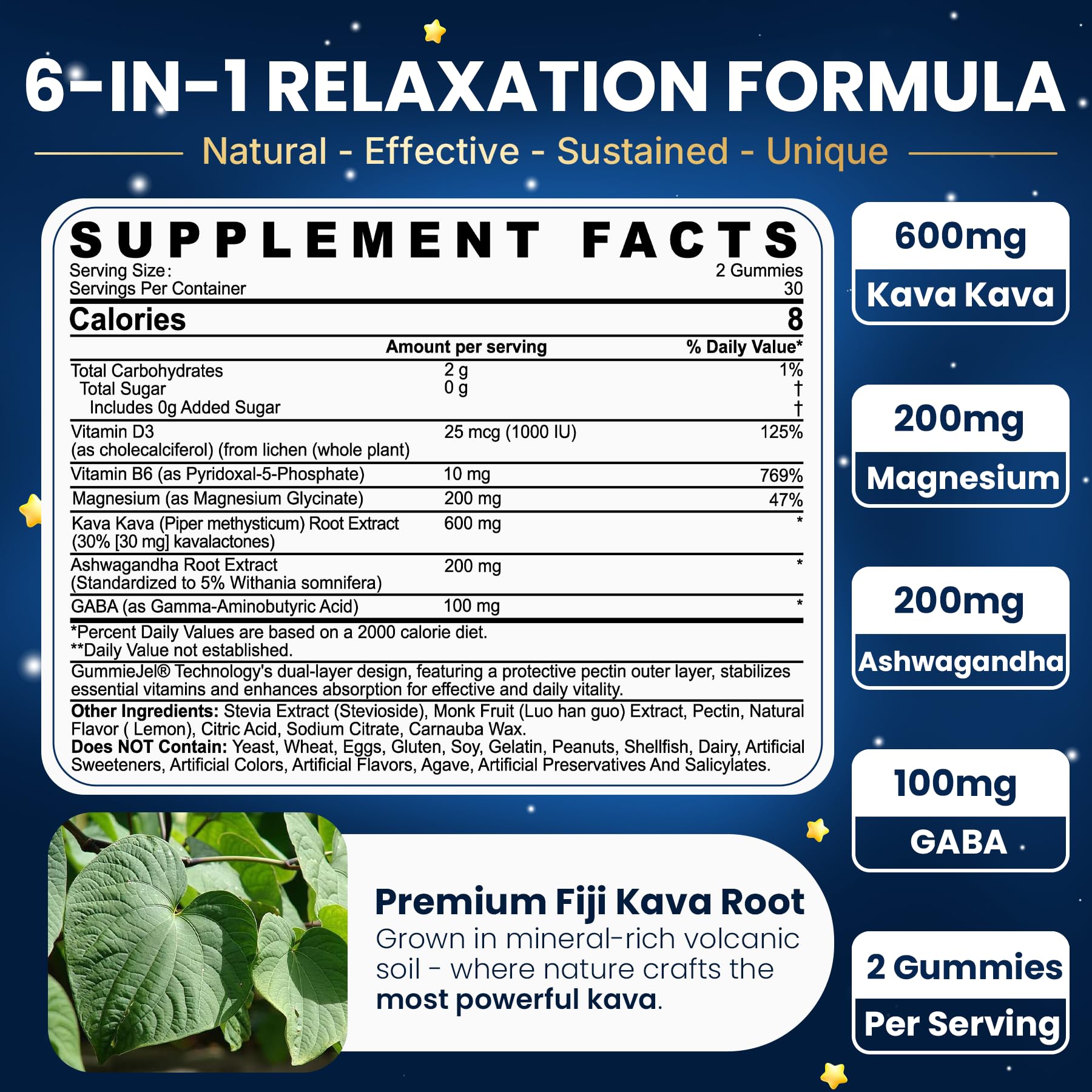 Back nutrition label of Kava Kava Gummies