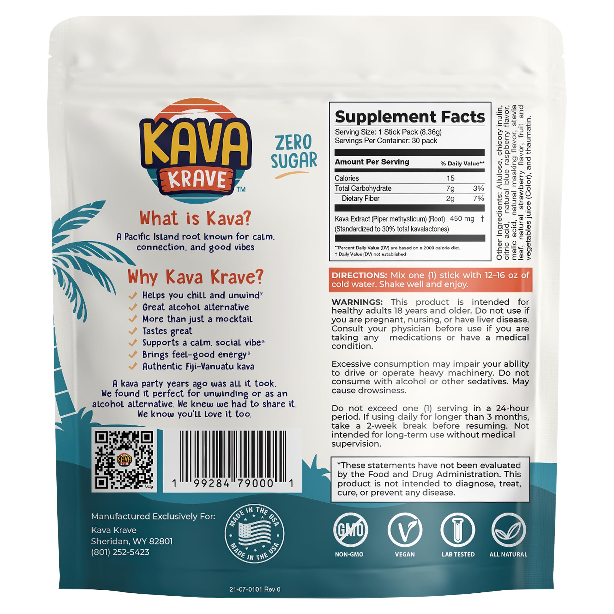 Kava Krave Citrus Berry 30-pack box back with nutrition facts