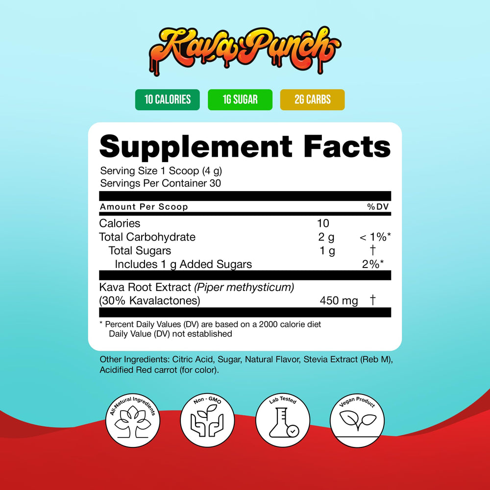 Close-up of Kava Punch Relaxation Powder packaging