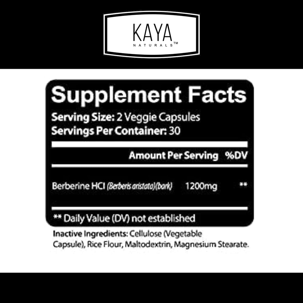 Back view of Kaya Naturals Berberine HCL Extract 1200mg bottle showing supplement facts