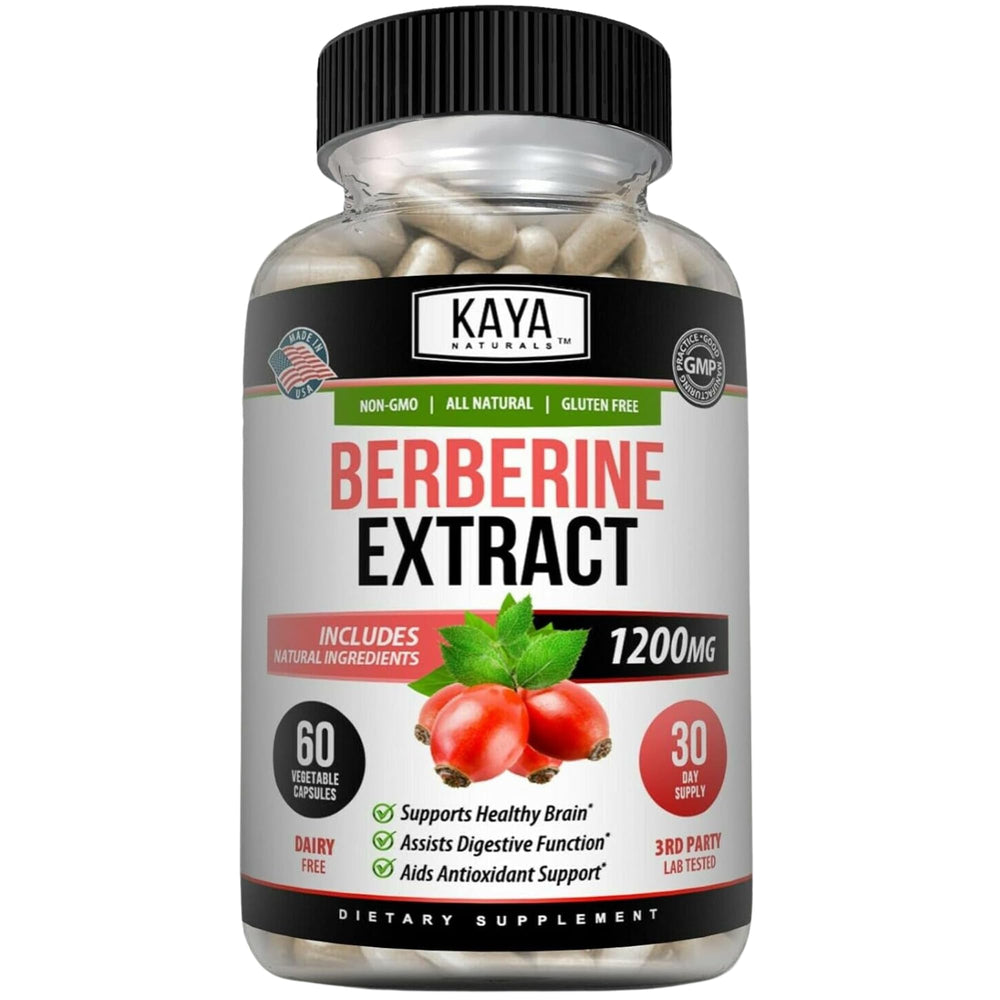 Front view of Kaya Naturals Berberine HCL Extract 1200mg bottle