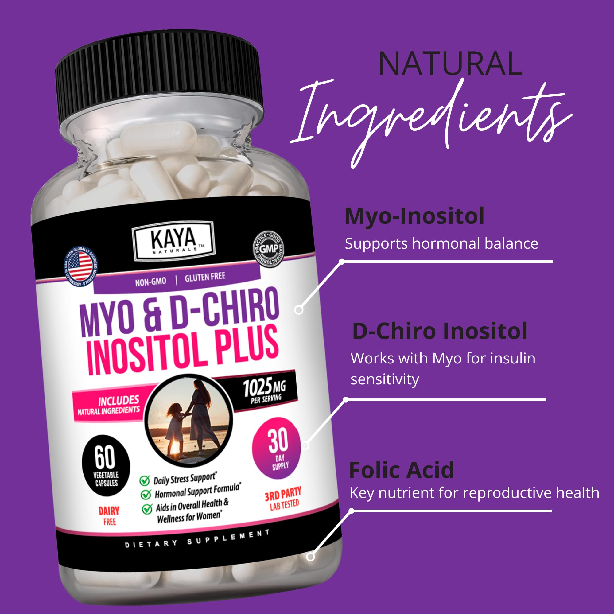 Kaya Naturals ingredient list close-up showing non-GMO gluten-free claim