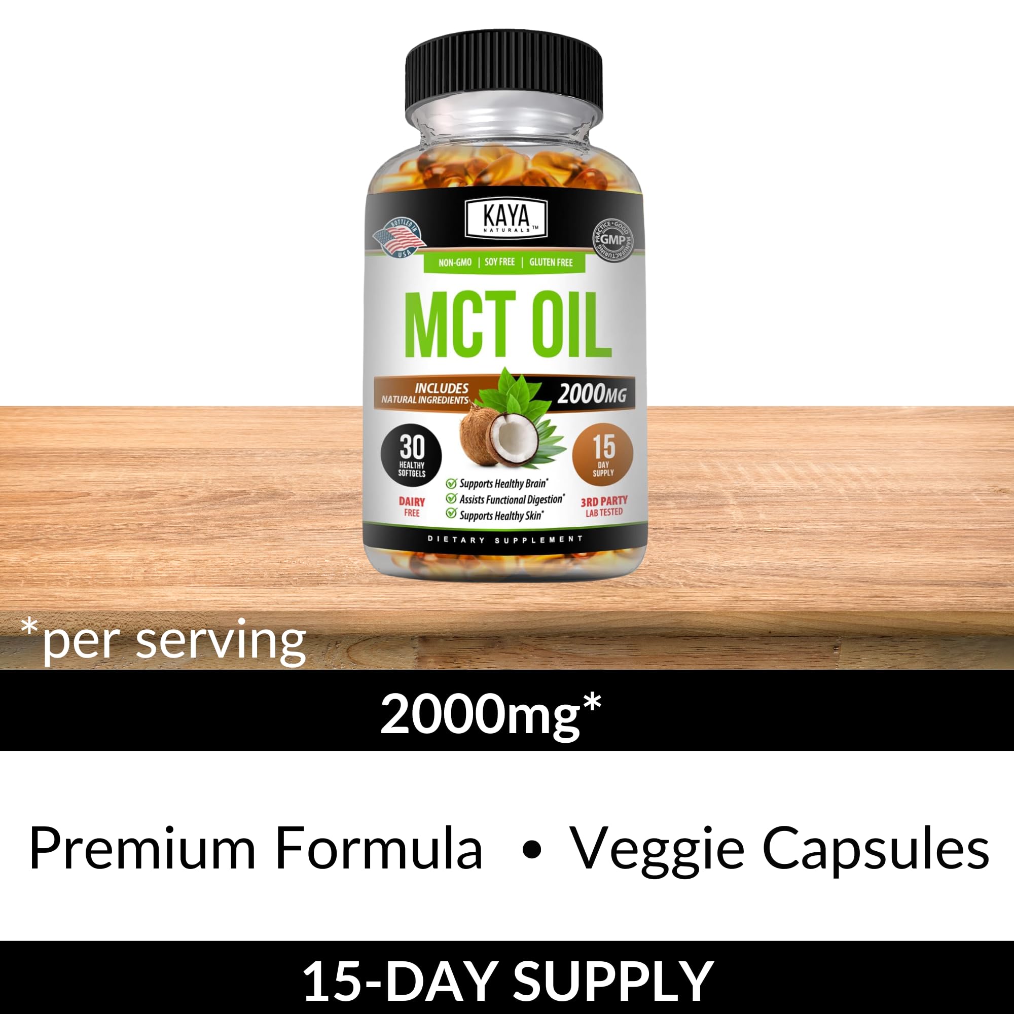 Back label with supplement facts for Kaya Naturals MCT Oil Softgels