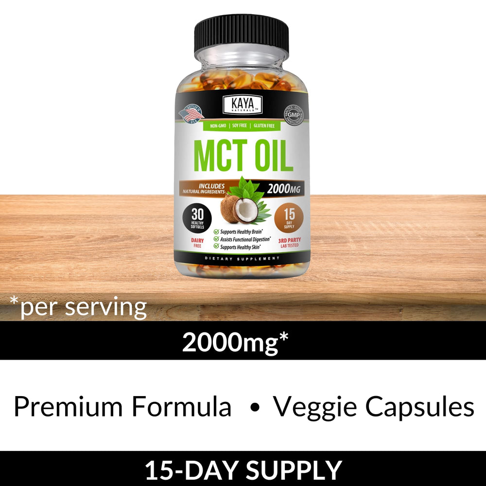 Back label with supplement facts for Kaya Naturals MCT Oil Softgels