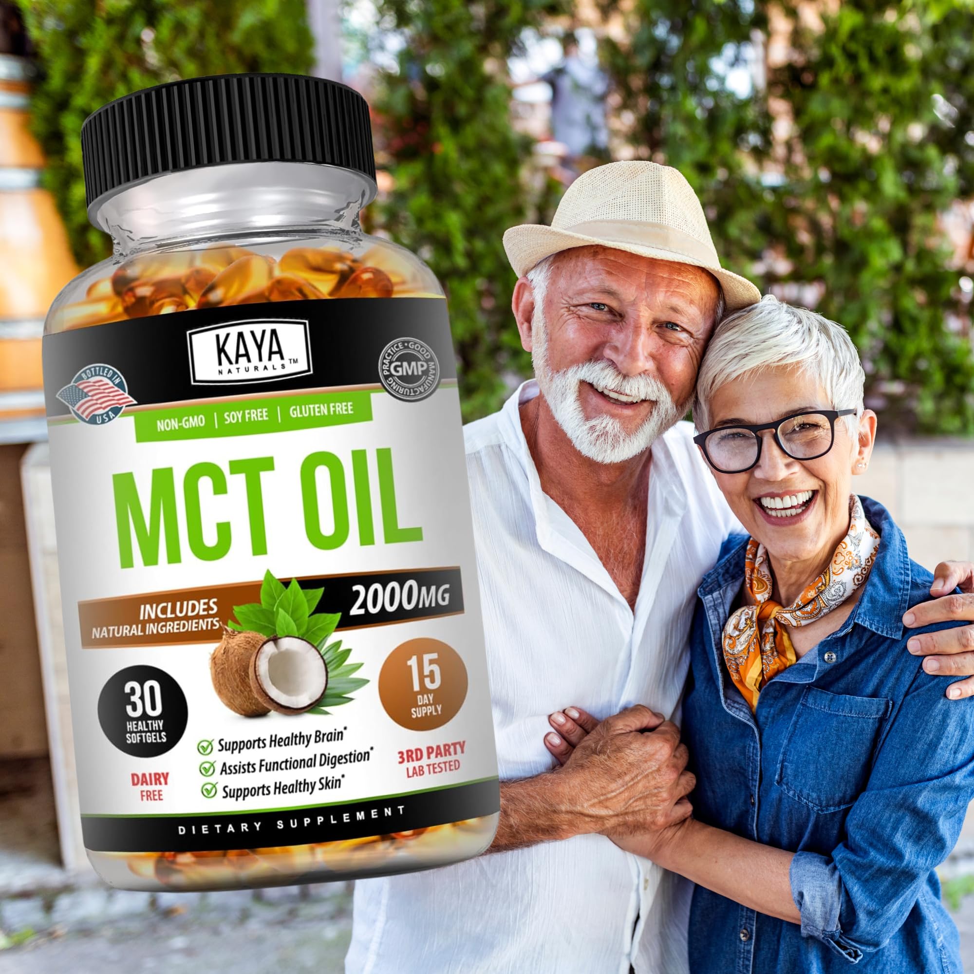 Diet-friendly Kaya Naturals MCT Oil Softgels on white background