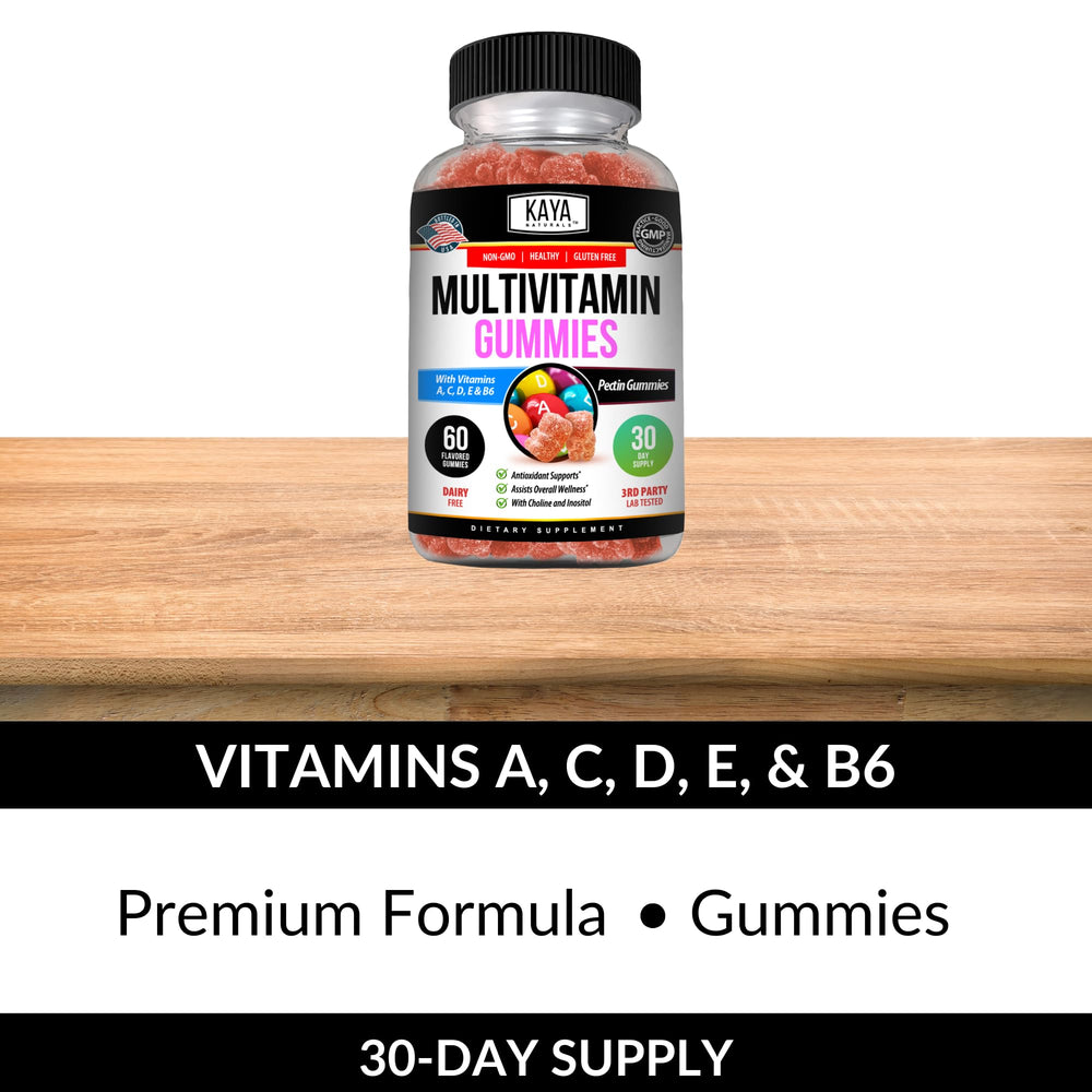 Angled view of Kaya Naturals bottle with gummies