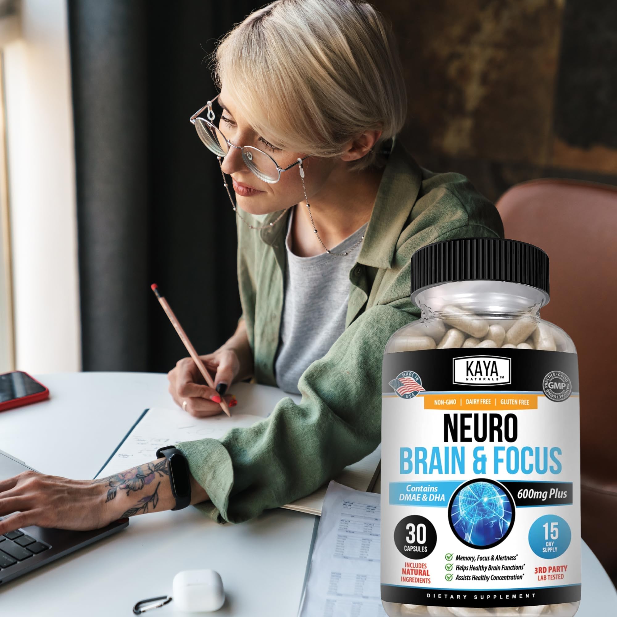 Top view of Kaya Naturals Neuro Brain bottle