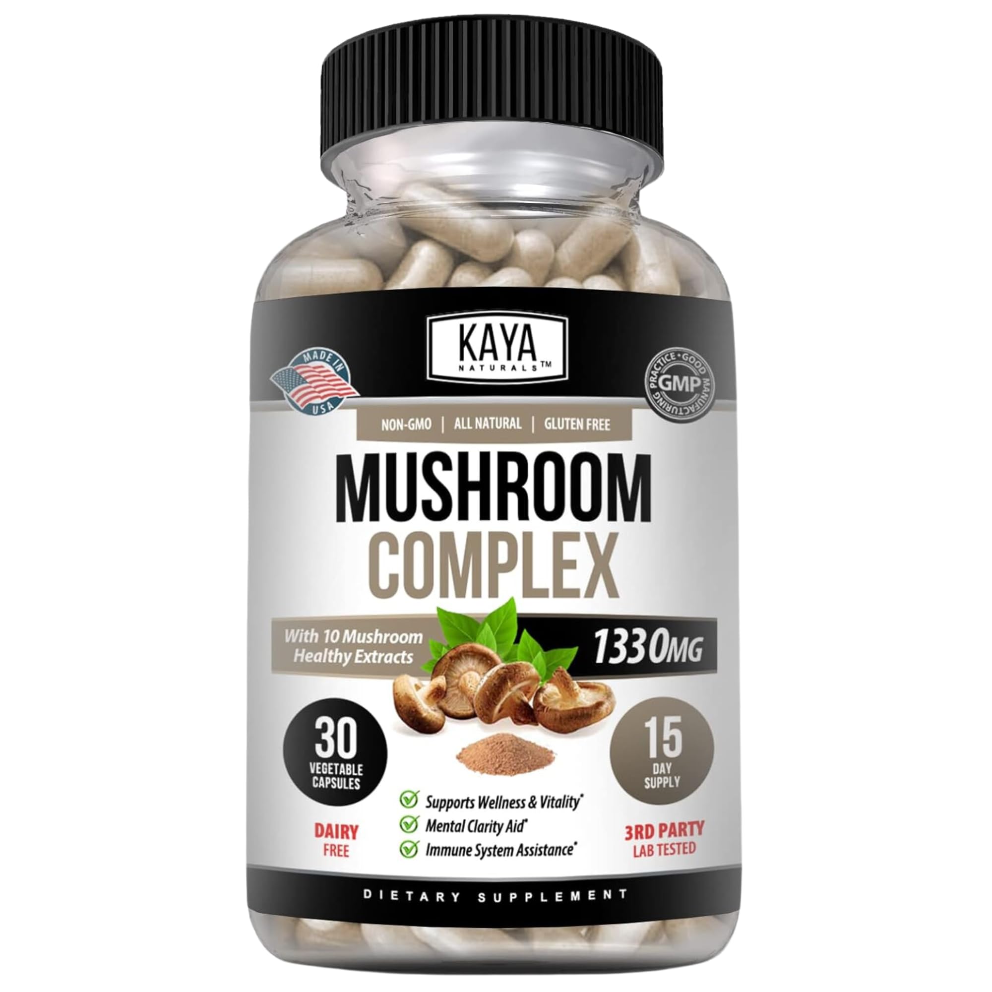 Bottle of Kaya Naturals Premium Mushroom Complex with 1995mg per serving
