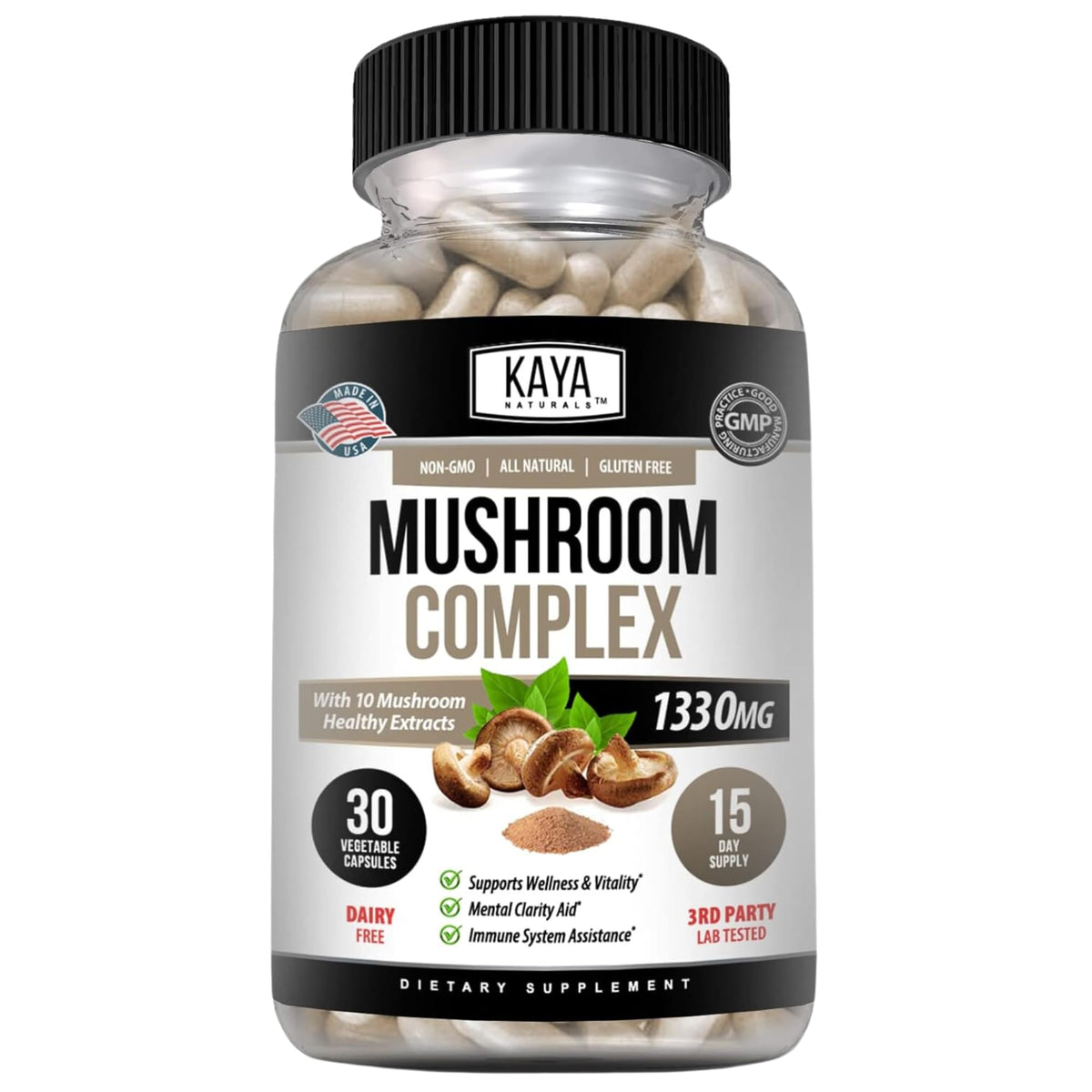 Bottle of Kaya Naturals Premium Mushroom Complex with 1995mg per serving