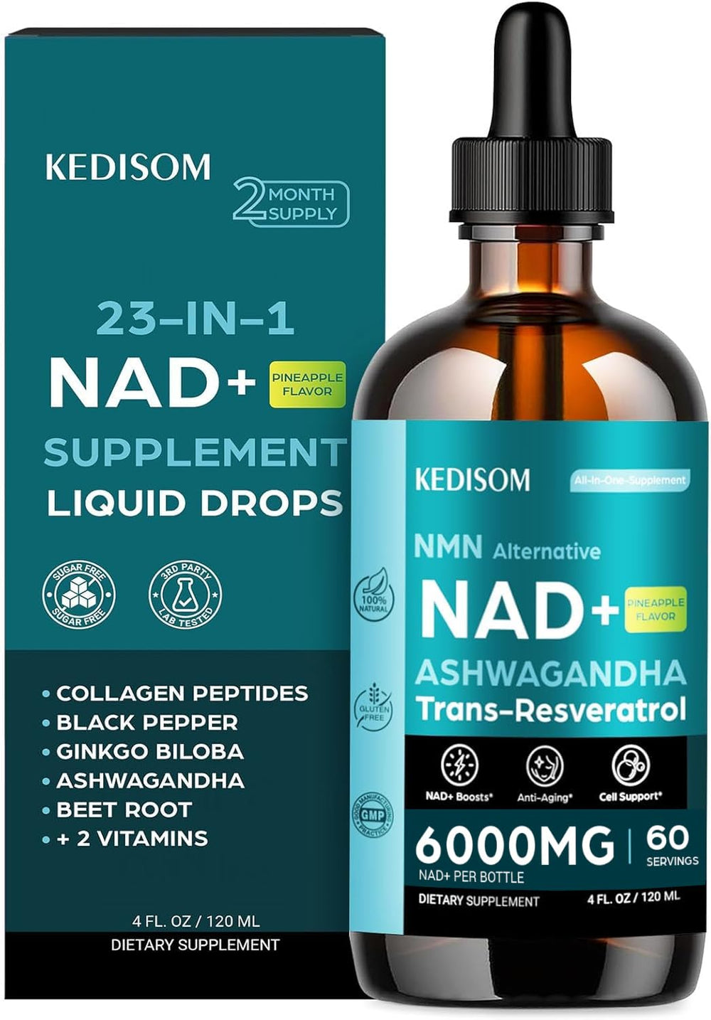 KEDISOM NAD+ liposomal liquid bottle with pineapple flavor, 4 oz