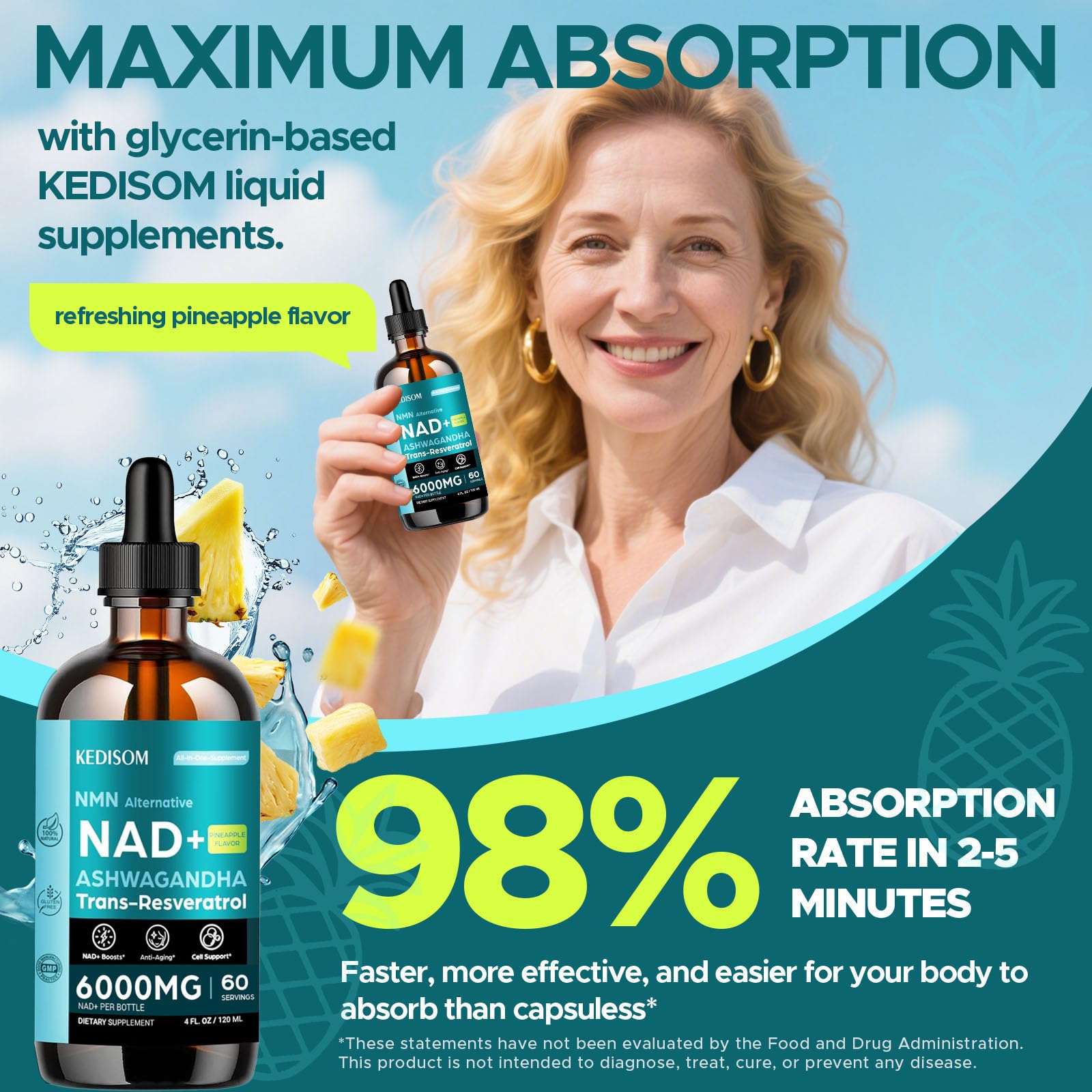 NAD+ liposomal liquid drops with pineapple flavor in a glass