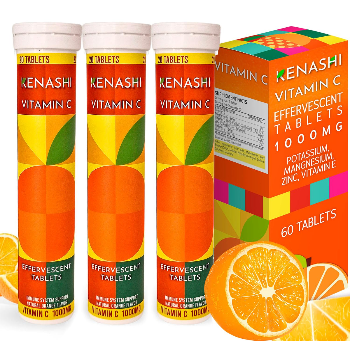 Kenashi Vitamin C 1000mg effervescent tablets in a 3-pack box (60 tablets per pack)
