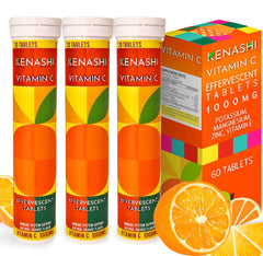 Kenashi Vitamin C 1000mg effervescent tablets in a 3-pack box (60 tablets per pack)