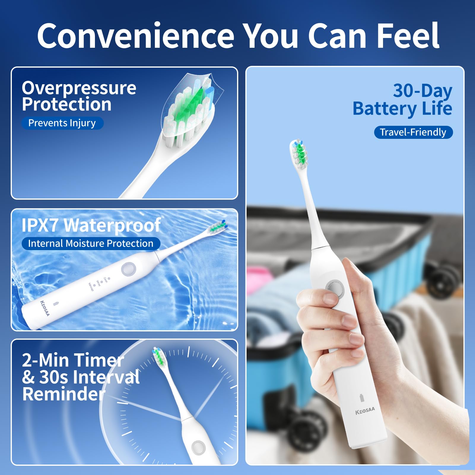 Eight replacement brush heads included