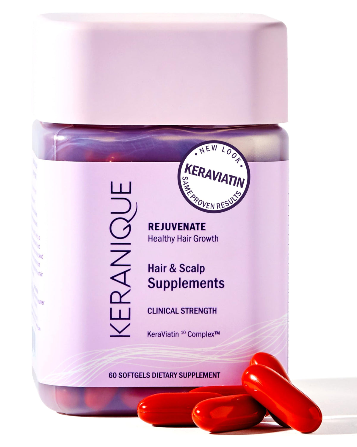 Keranique Hair & Scalp Supplements bottle with Keraviatin packaging