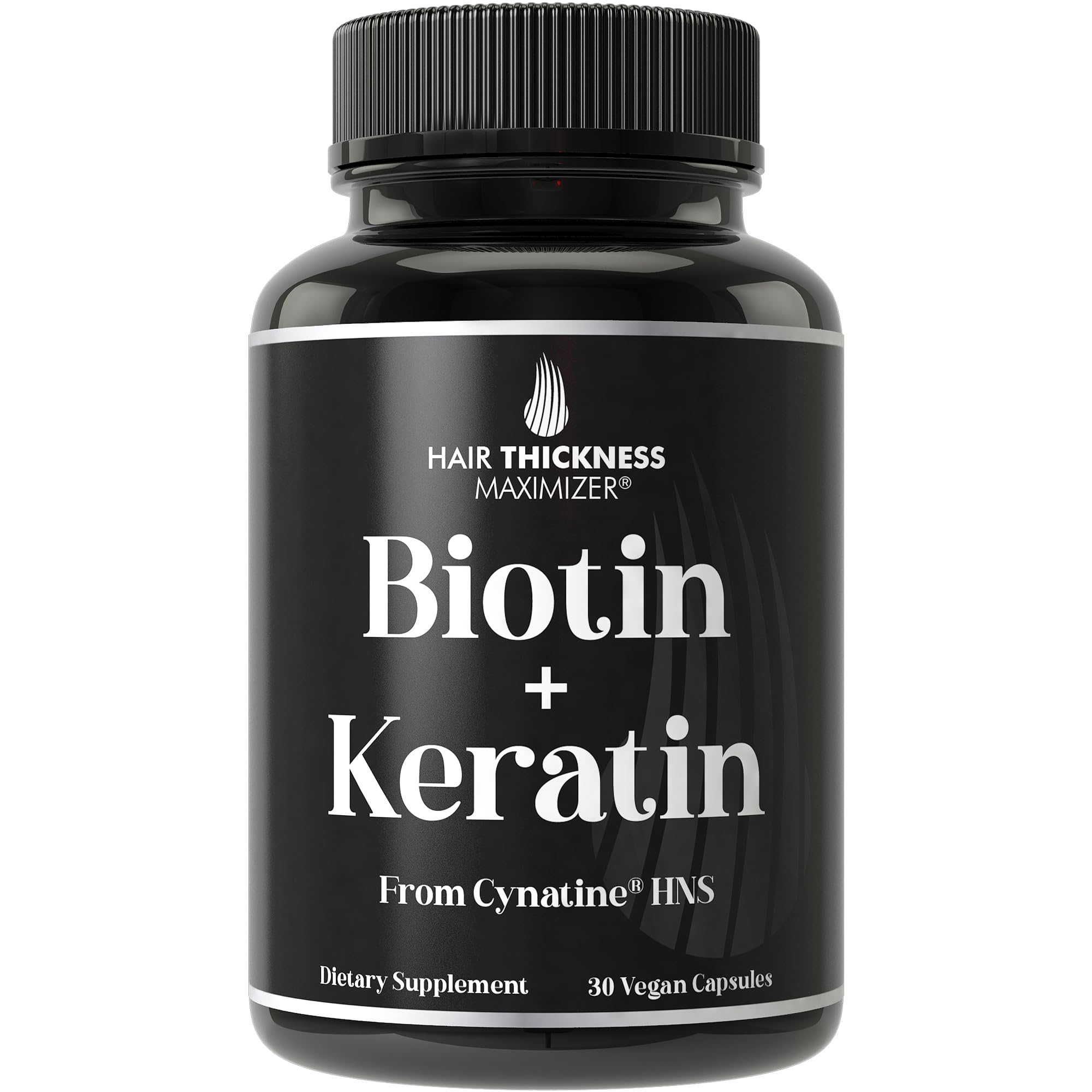 Bottle of Cynatine HNS keratin + biotin hair growth supplement