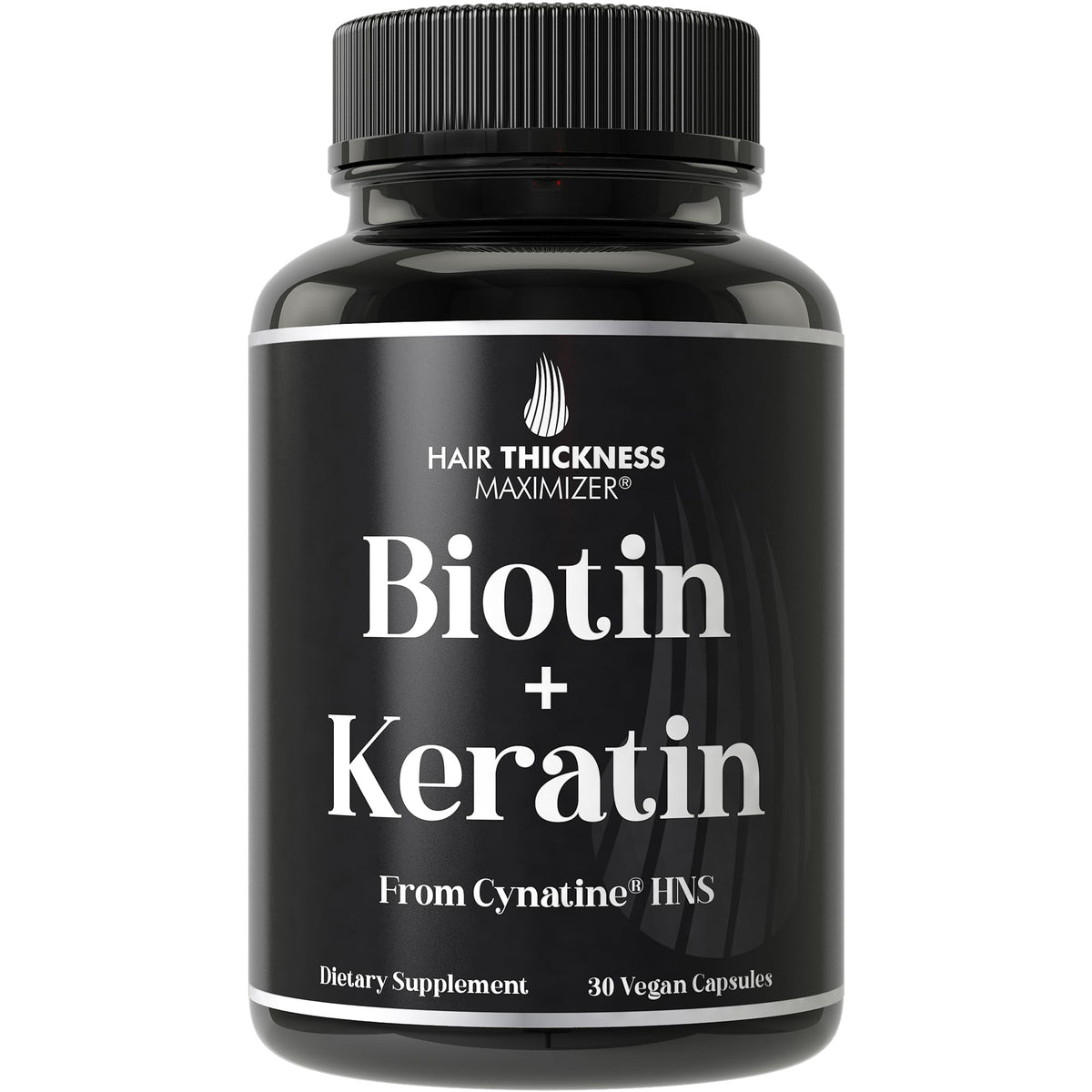 Bottle of Cynatine HNS keratin + biotin hair growth supplement