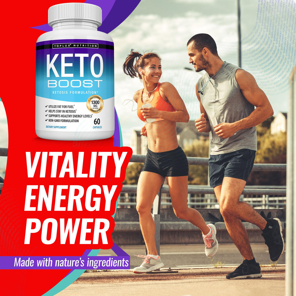 Keto Boost bottle with scoop and ingredients layout