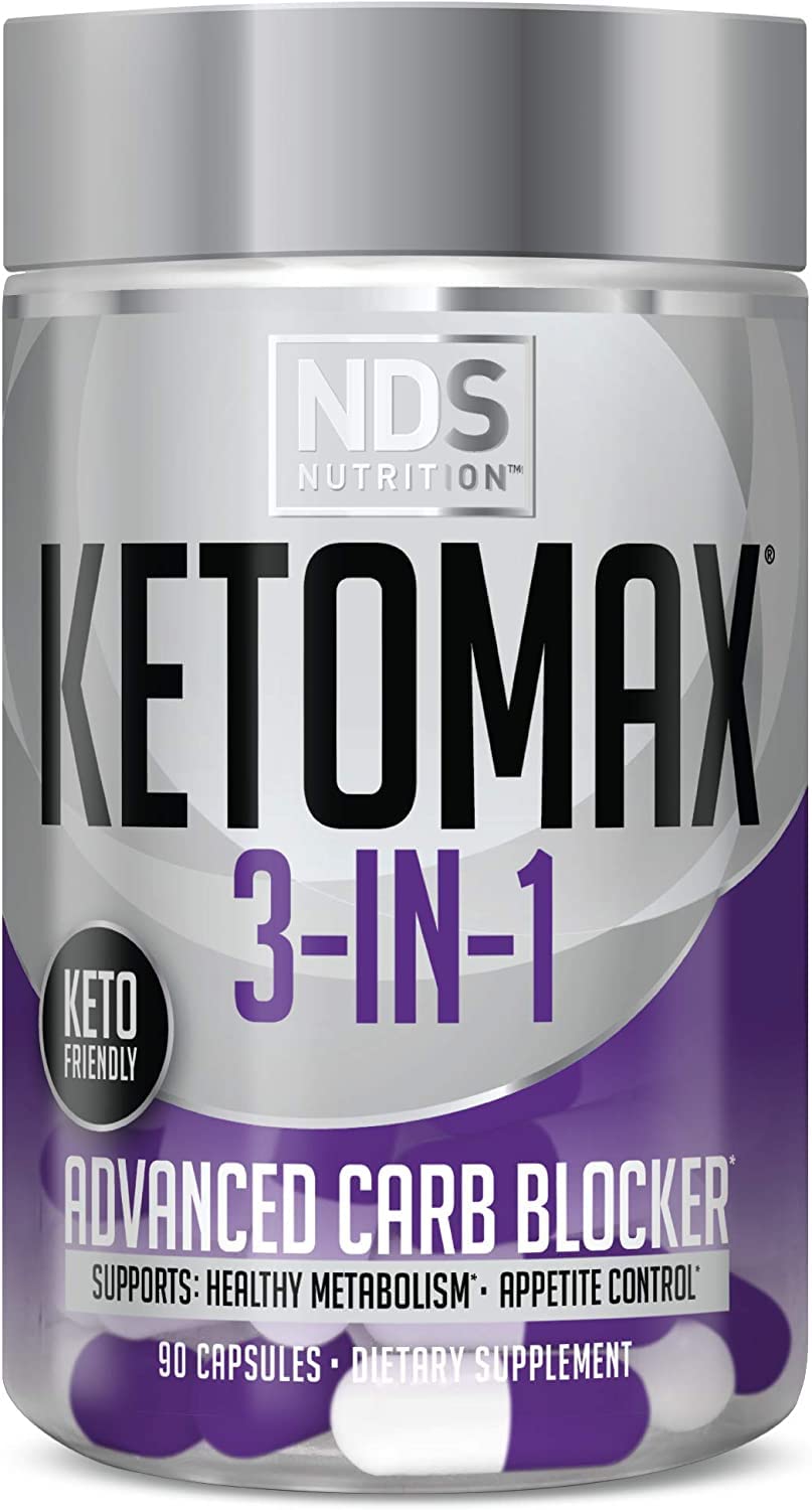 Keto-Max NDS 3-in-1 bottle with capsules for carb blocking and fat absorption support.